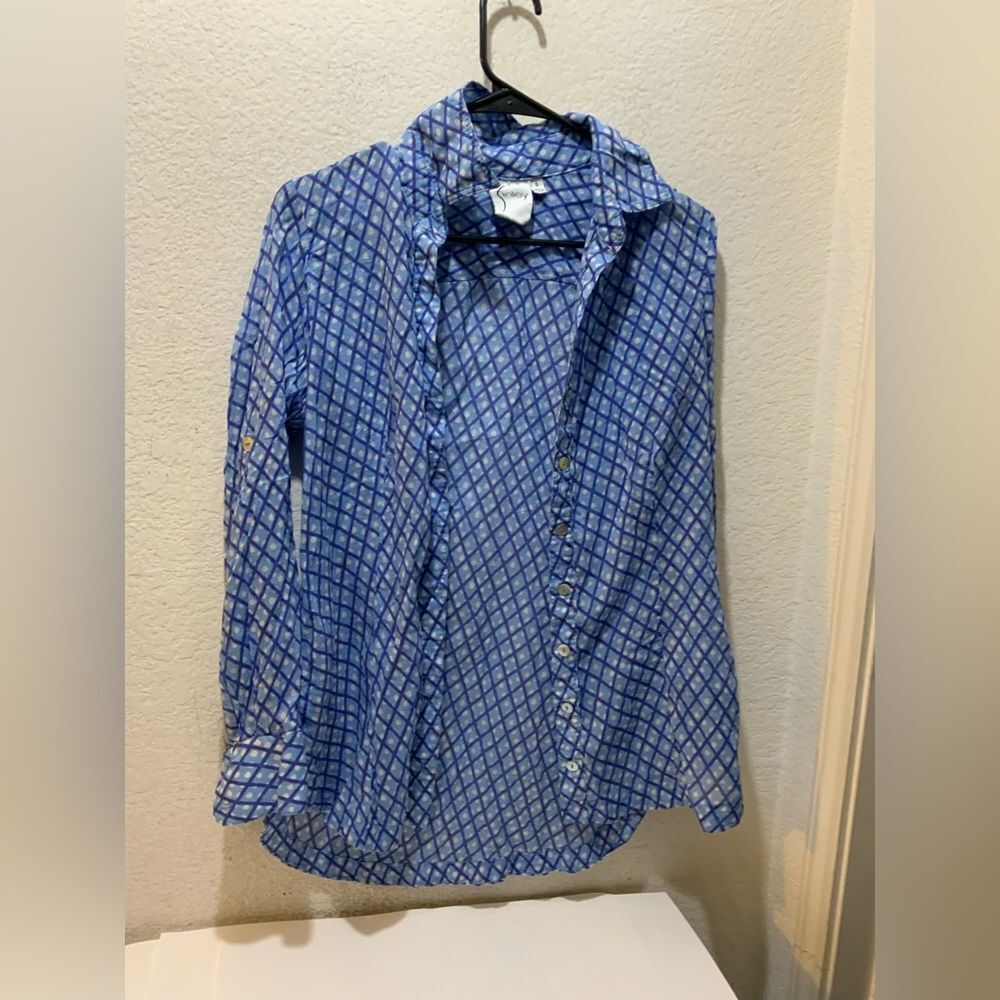 Finley Women’s Button Down White Blue Plaid Long Sleeve Blouse Sz small